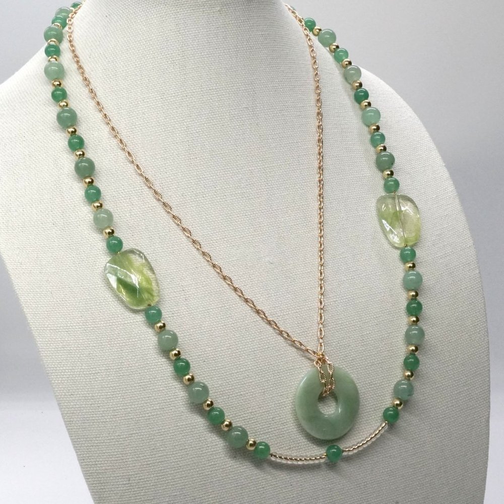 Set Necklace Bracelet Jade Disc Lobster Clasp Gold Green Dual Strand Unique - Picture 3 of 5